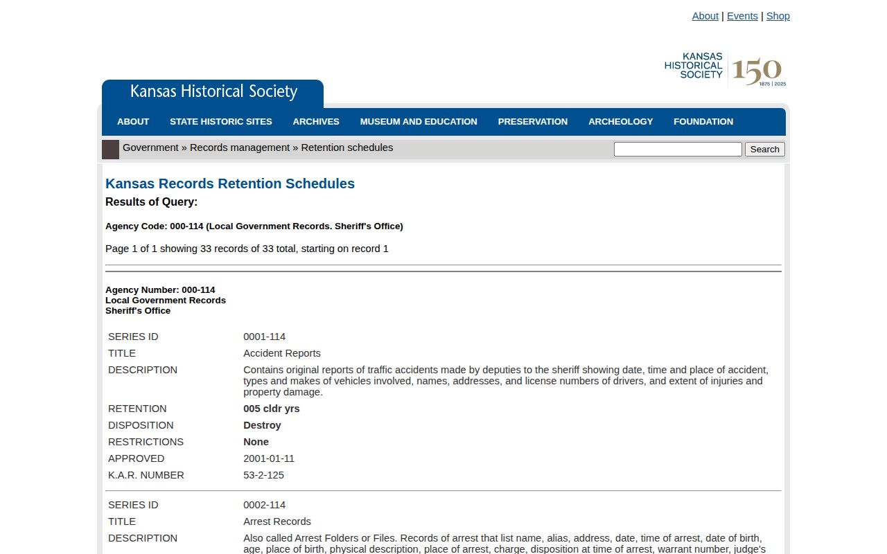 Kansas sheriff retention schedule for Haskell County arrest and mugshot records