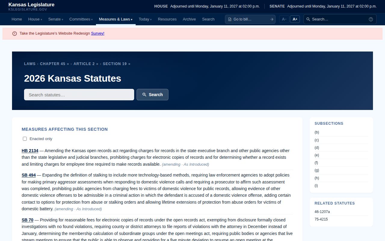Kansas statute page on Haskell County booking picture and records fees